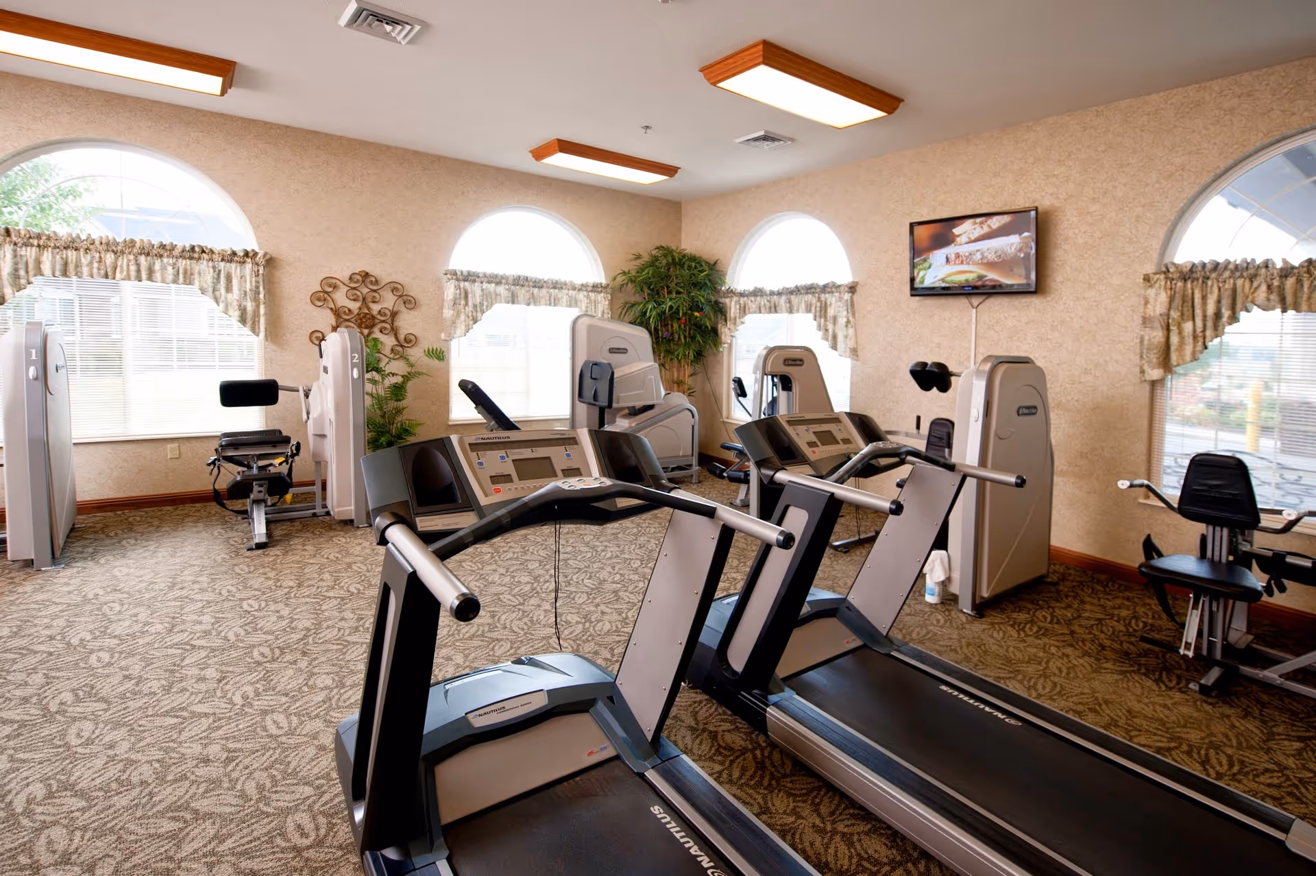 Bright fitness room with treadmills, strength machines, and arched windows.