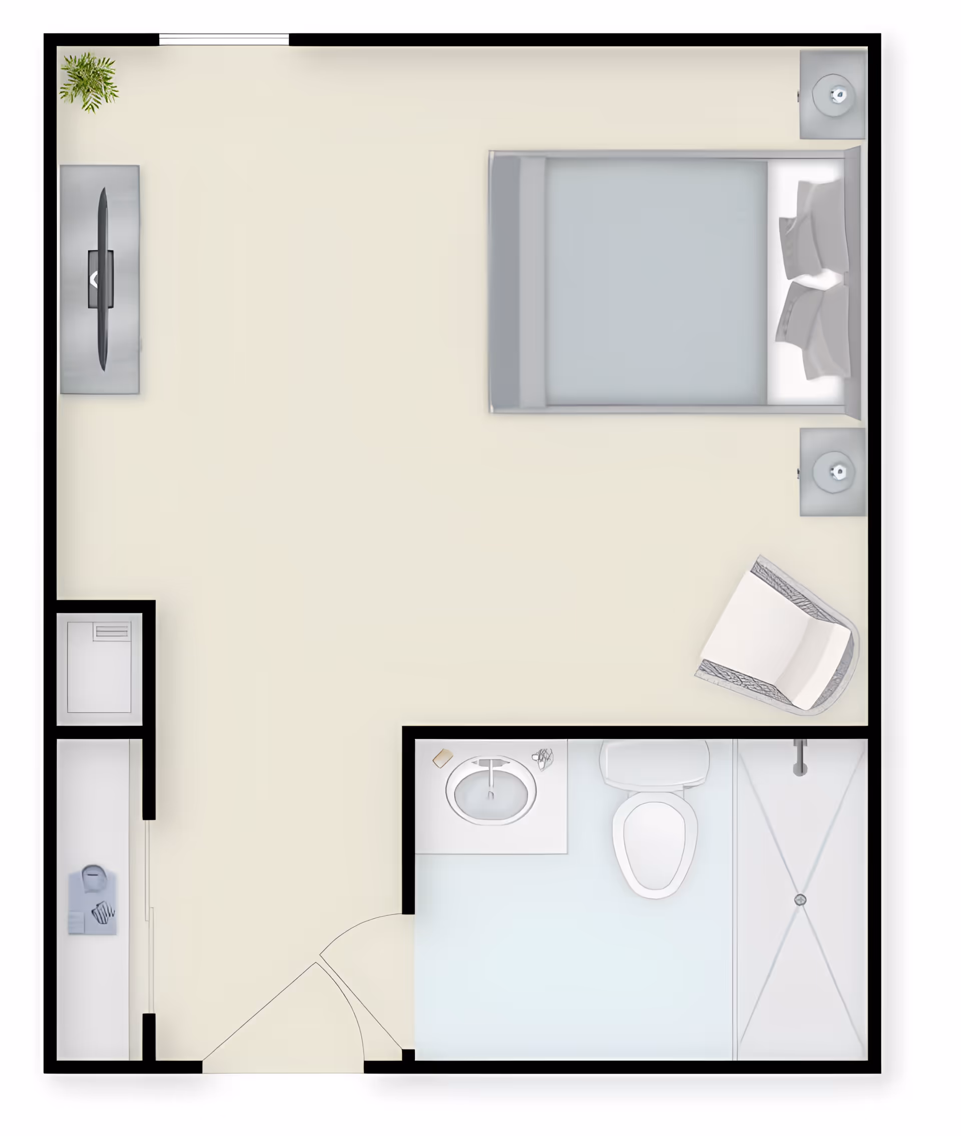 Top-down floor plan of a studio apartment showing a bed with nightstands, TV, chair, closet/storage area, and a bathroom with sink, toilet, and shower.