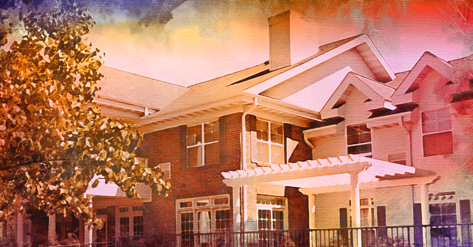 Front exterior of a multi-story assisted-living style building with gabled roofs, porches and a tree in the foreground rendered in a watercolor effect.