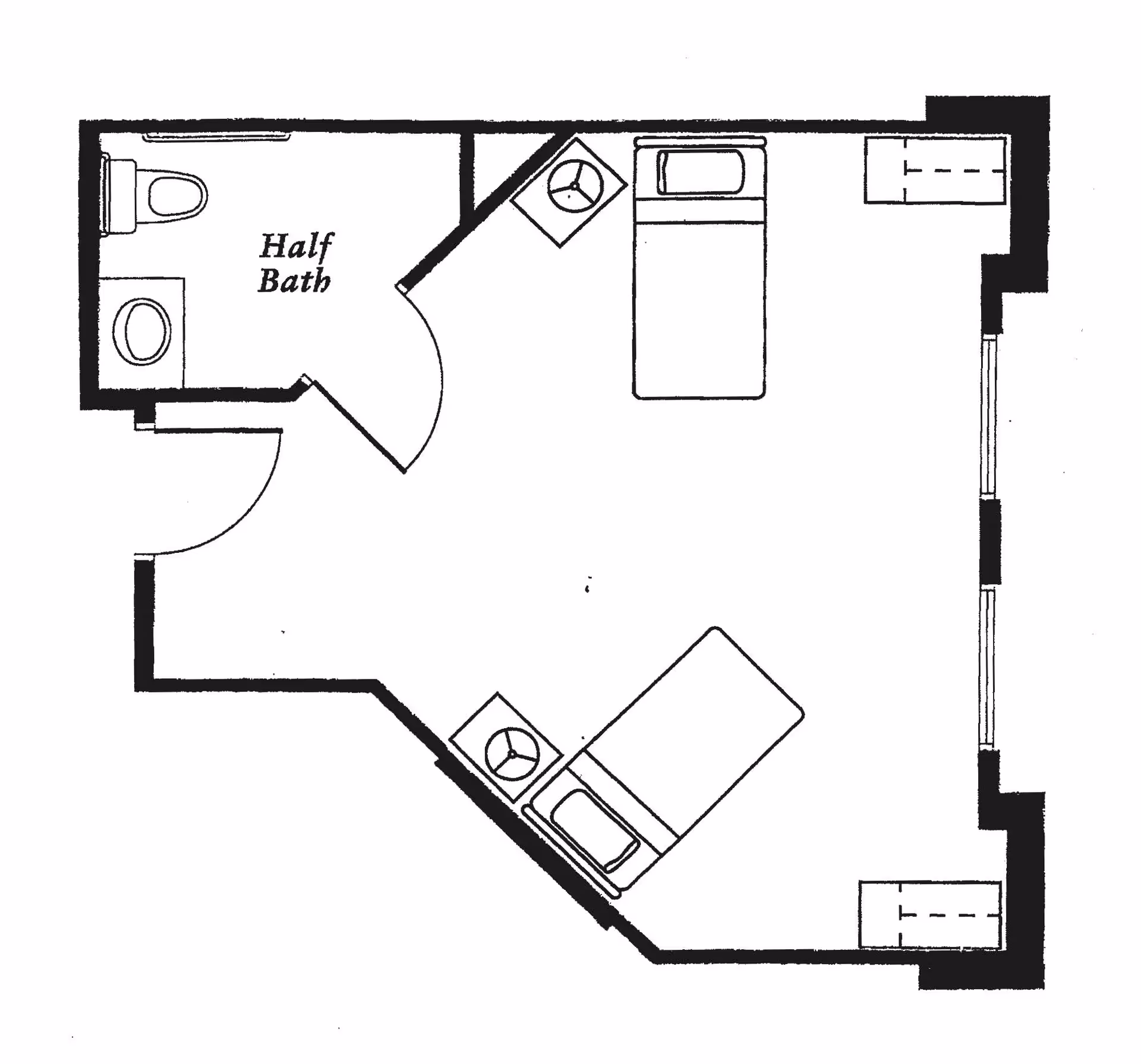 Floor plan of a small living space with two beds, two nightstands, two dressers, and a half bathroom with a toilet and sink.