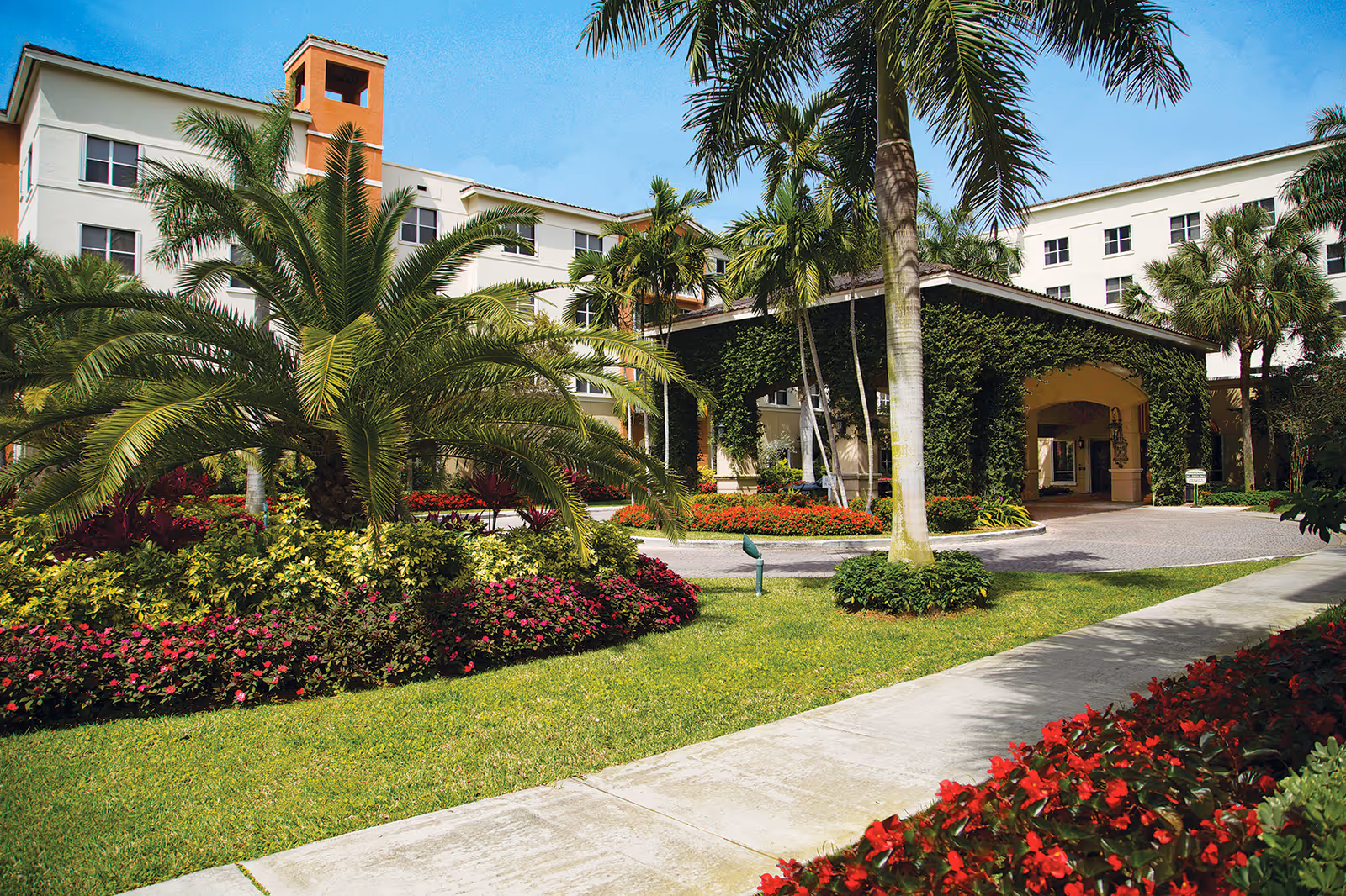 Sunny senior living facility exterior with palm trees, lush landscaping, and a covered entrance.