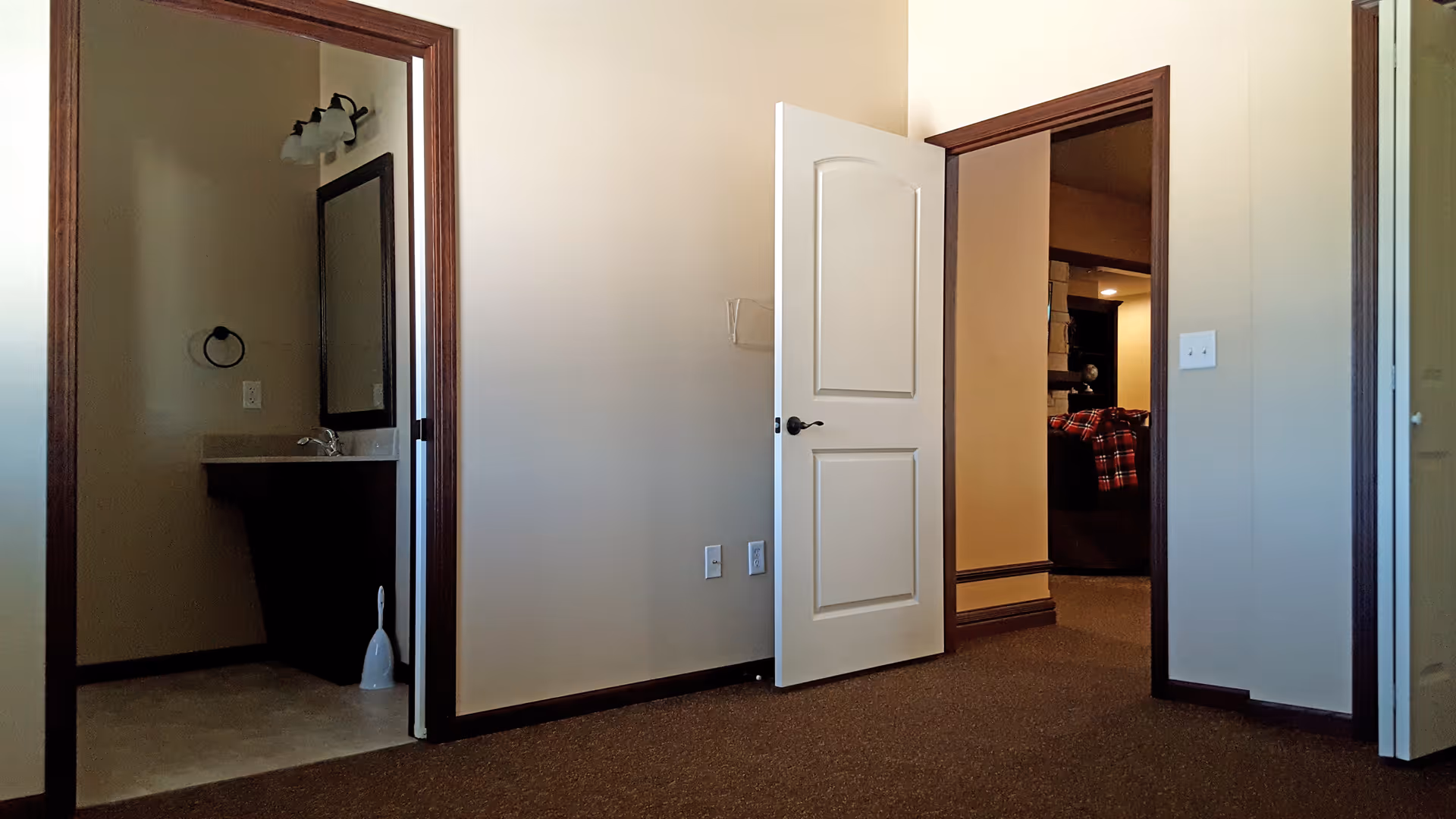 Carpeted interior room with an open door revealing a bathroom sink and a doorway into a living area with a couch.