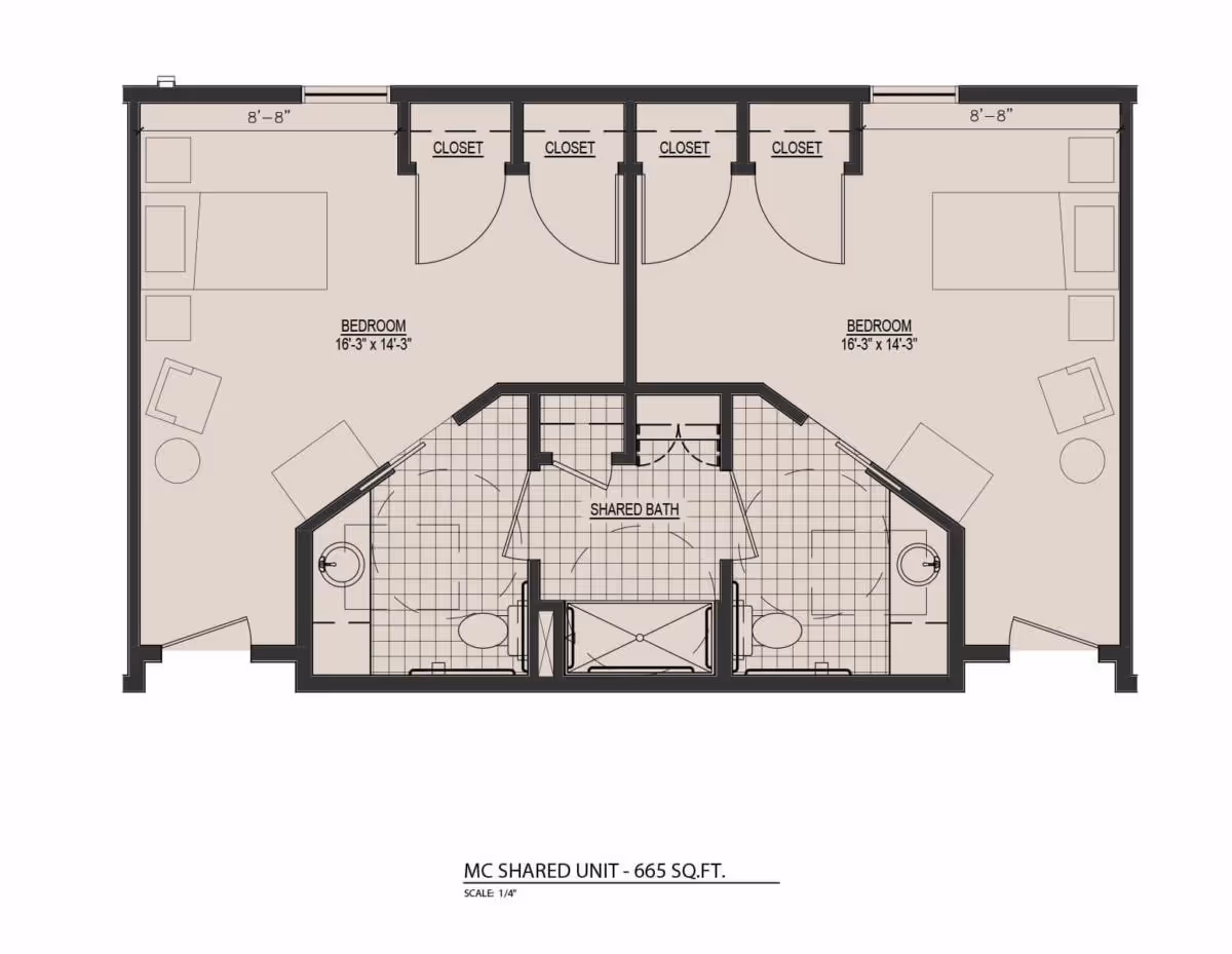 Floor plan of a shared unit at Heartis Fayetteville showing two bedrooms each measuring 16 feet 3 inches by 14 feet 3 inches, each with two closets. The bedrooms share a central bathroom area with two sinks, two toilets, and a shared bath space in the middle. The total area is 665 square feet.