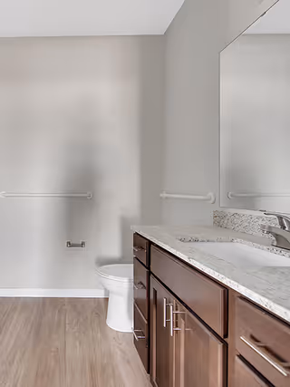 A clean and modern bathroom featuring a white toilet, a granite countertop with a built-in sink, dark wooden cabinets with silver handles, a large mirror above the sink, and light wood flooring. The walls are painted a light neutral color and there are two white grab bars installed on the walls near the toilet.