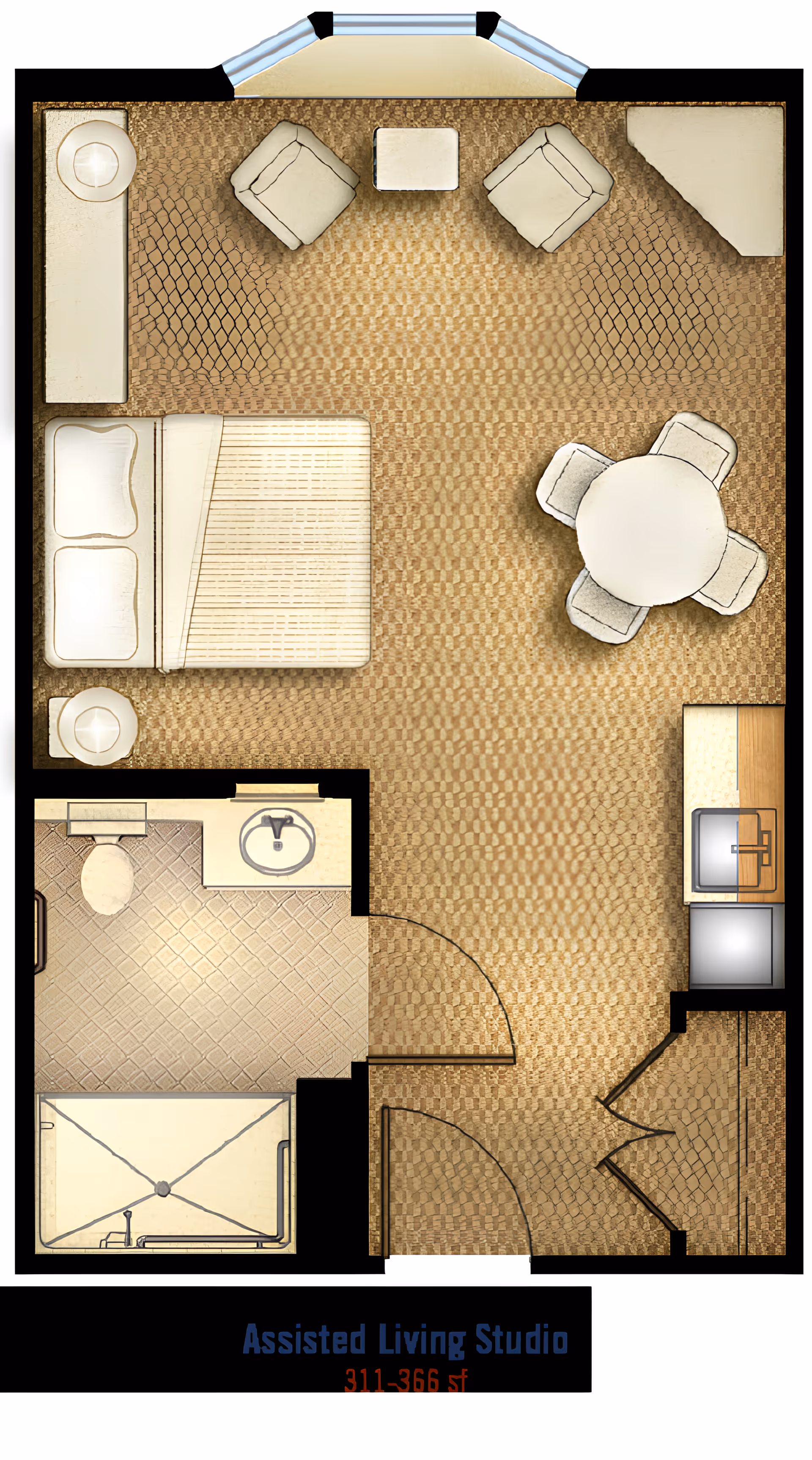 Floor plan of an assisted living studio apartment featuring a combined living and sleeping area with a bed, two armchairs, a small table, a round dining table with four chairs, a kitchenette with a sink and refrigerator, and a bathroom with a toilet, sink, and shower.
