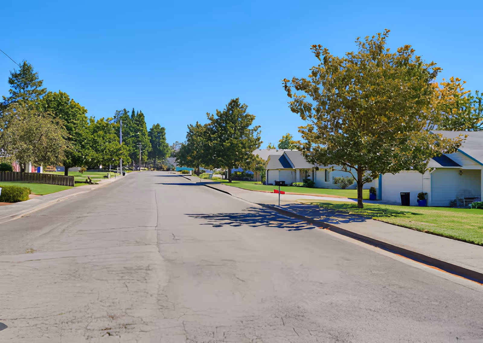 A quiet suburban street lined with trees and single-story houses under a clear blue sky.