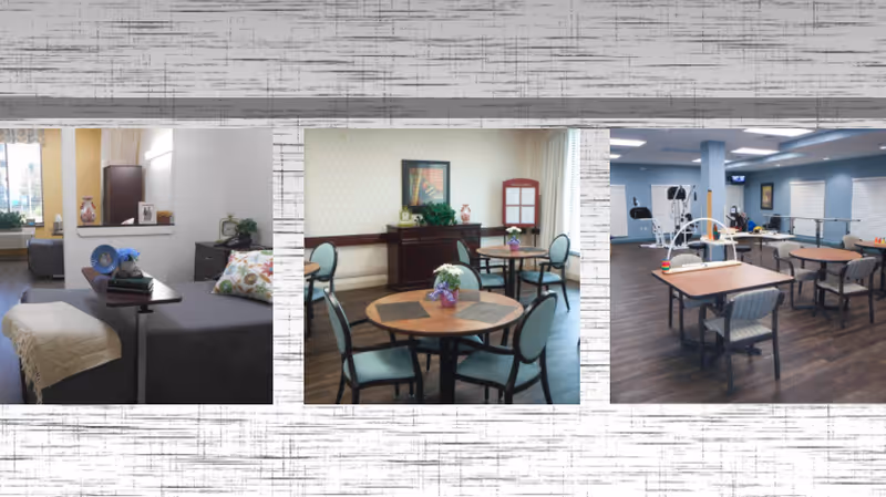 Three images showing different interior areas of Oakland Manor. The first image shows a cozy living area with a couch, a small table with books and a flower vase, and a window letting in natural light. The second image depicts a dining area with round tables, chairs, and a sideboard with decorative items and a framed picture on the wall. The third image shows a spacious room with tables and chairs, exercise equipment, and a TV mounted on the wall, suggesting a multipurpose or activity room.