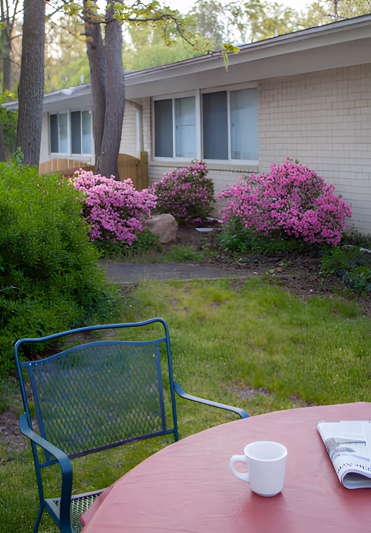 Outdoor patio area with a metal chair and a round table covered with a red tablecloth. On the table, there is a white coffee mug and a folded newspaper. In the background, there are green bushes and pink flowering shrubs next to a single-story building with large windows.