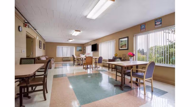 Bright communal dining/activity room with several tables and chairs, large windows, and a wall-mounted TV.