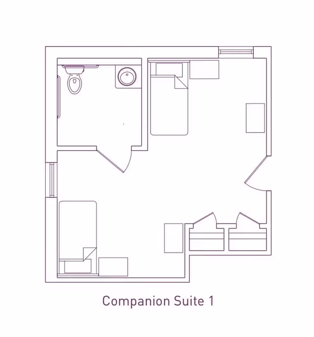 Floor plan layout of Companion Suite 1 at The Heritage at Eldridge Parkway, showing two beds, a bathroom with toilet and sink, and entry closets.