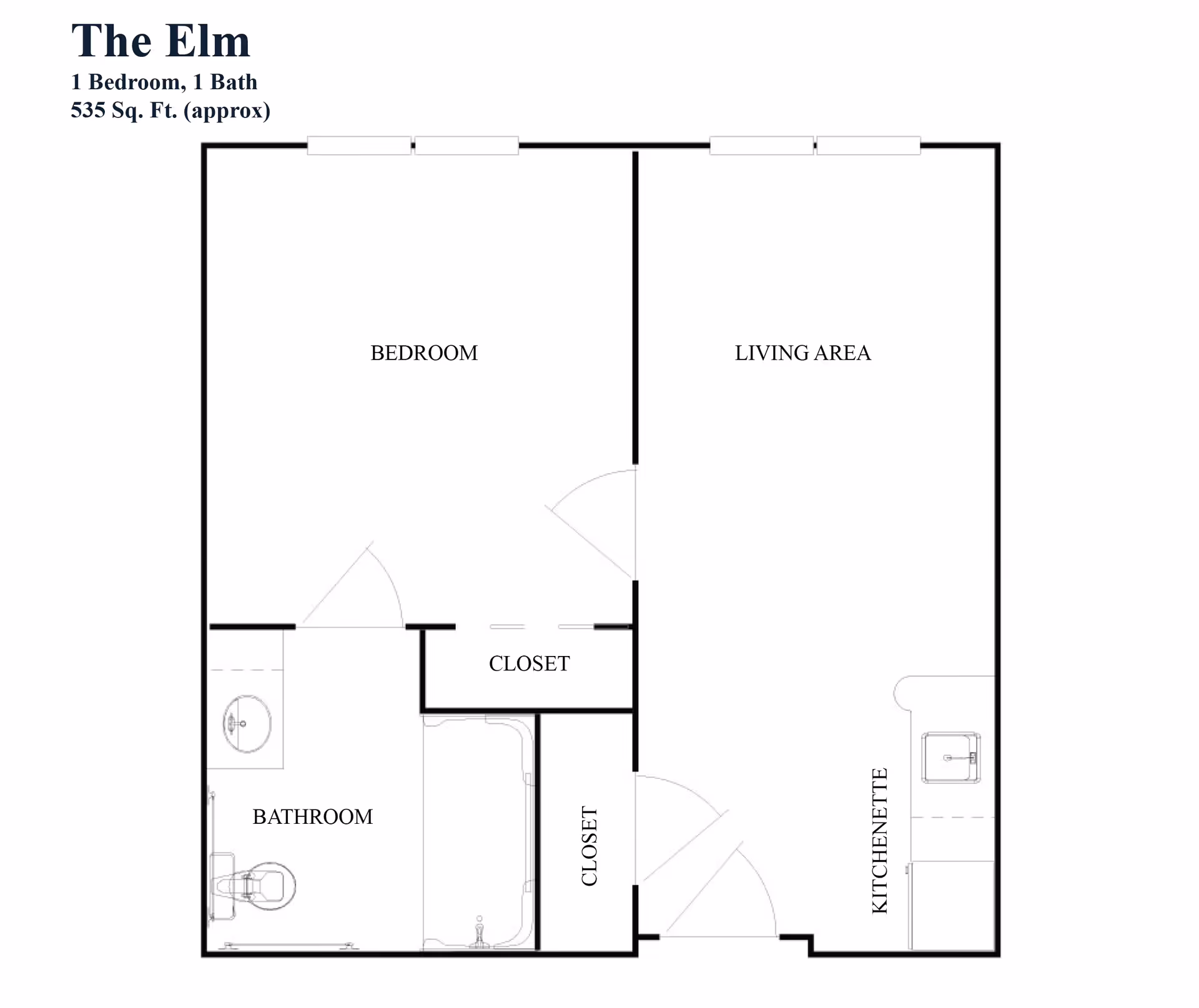 Floor plan titled The Elm showing a 1 bedroom, 1 bath layout with approximately 535 square feet. The plan includes a bedroom, living area, bathroom, kitchenette, and two closets.