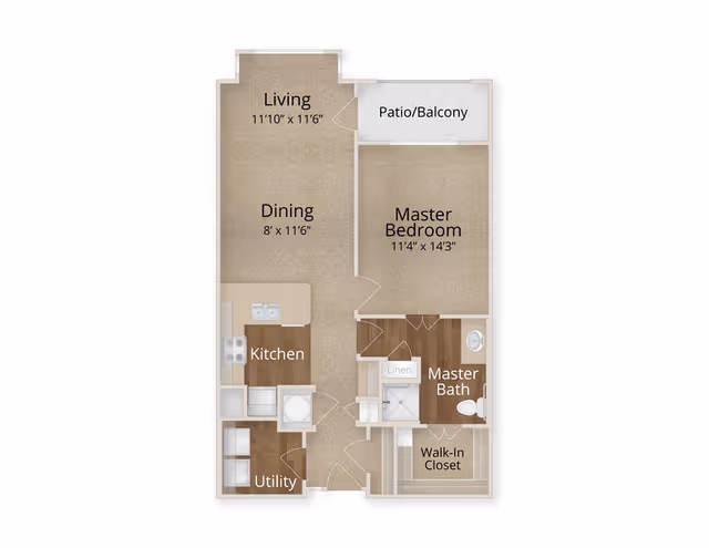 Floor plan of a senior living apartment at Arabella of Longview Senior Living showing a living area, dining area, kitchen, utility room, master bedroom with walk-in closet, master bathroom, linen closet, pantry, and a patio/balcony.