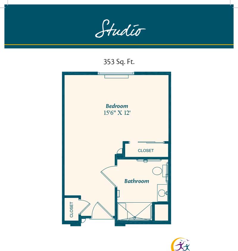 Floor plan diagram of a studio apartment showing a 15'6" x 12' bedroom, bathroom, and closets.