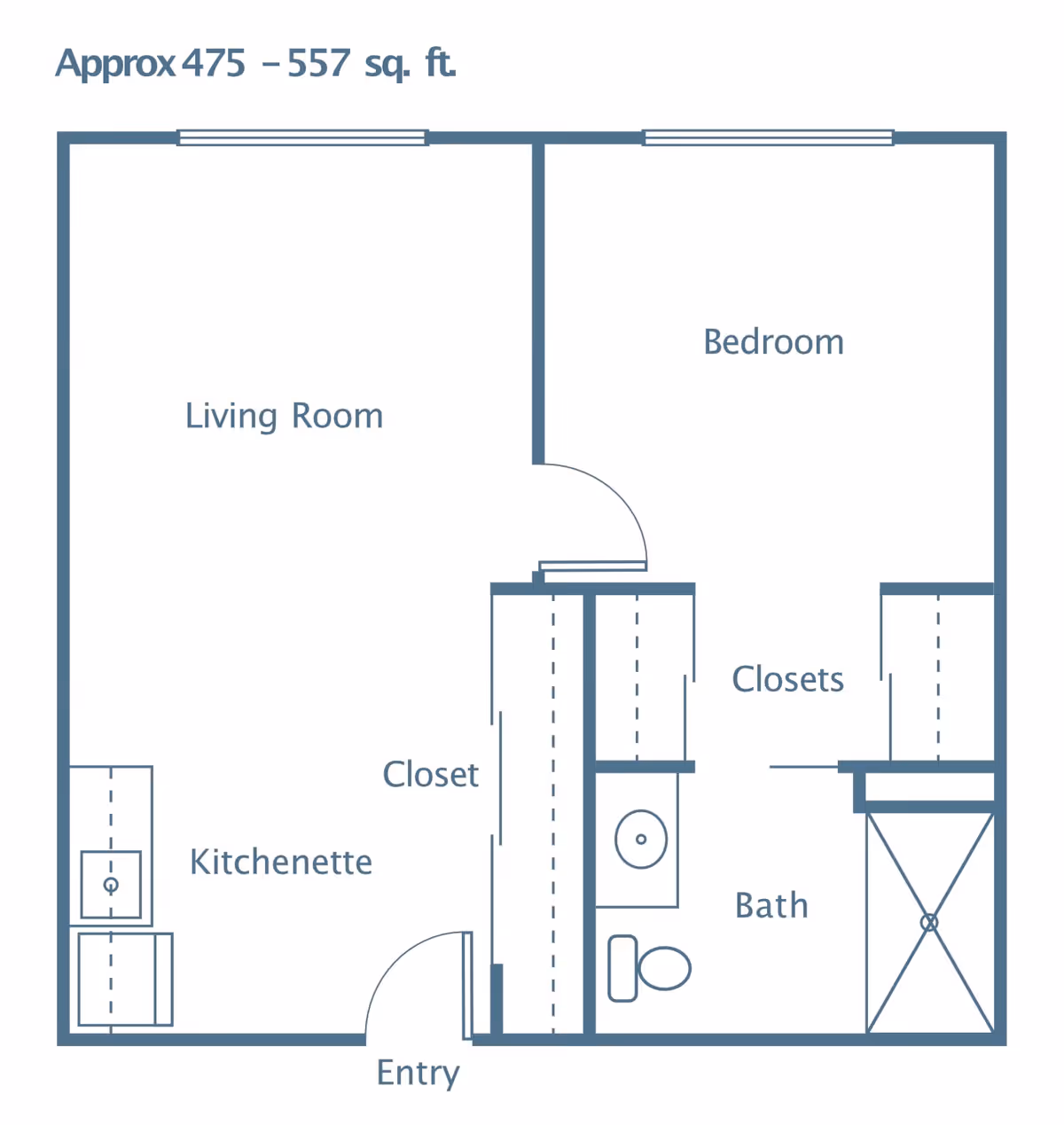 Floor plan of a senior living unit at The Pines, A Merrill Gardens Community, showing an approximate area of 475 to 557 square feet. The layout includes a living room, bedroom, kitchenette, bathroom with shower, entry, and multiple closets.