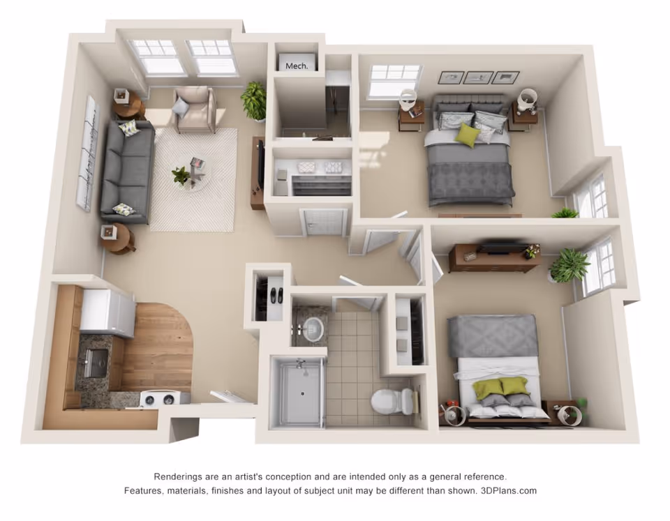 3D floor plan of a two-bedroom apartment featuring a living room with a sofa, armchair, coffee table, and side tables, a kitchen with appliances and cabinetry, a bathroom with a shower, toilet, and sink, and two bedrooms each furnished with beds, nightstands, and dressers. The layout includes windows and a mechanical closet.