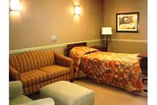 A cozy room with a single bed covered in a patterned bedspread, a striped sofa, a green armchair, and an ottoman. The walls are painted beige with a green trim, and there are two wall-mounted lights and a floor lamp providing warm lighting. A framed picture hangs on the wall above the bed.