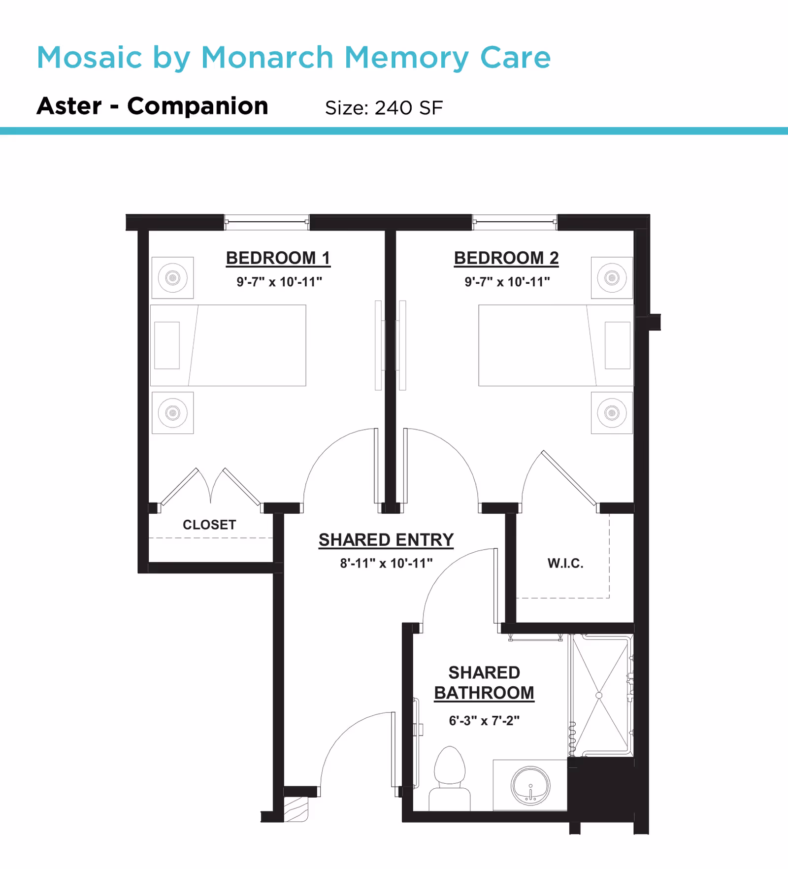 Floor plan for the Aster Companion layout at Monarch Spring Meadows, featuring two bedrooms, a shared entry, and a shared bathroom.