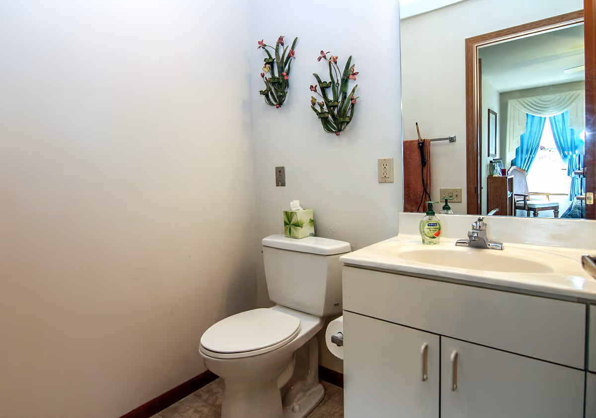 A clean bathroom featuring a white toilet with a tissue box on top, a white vanity with a sink and a bottle of hand soap, a large mirror reflecting a room with blue curtains, and decorative wall-mounted flower arrangements.