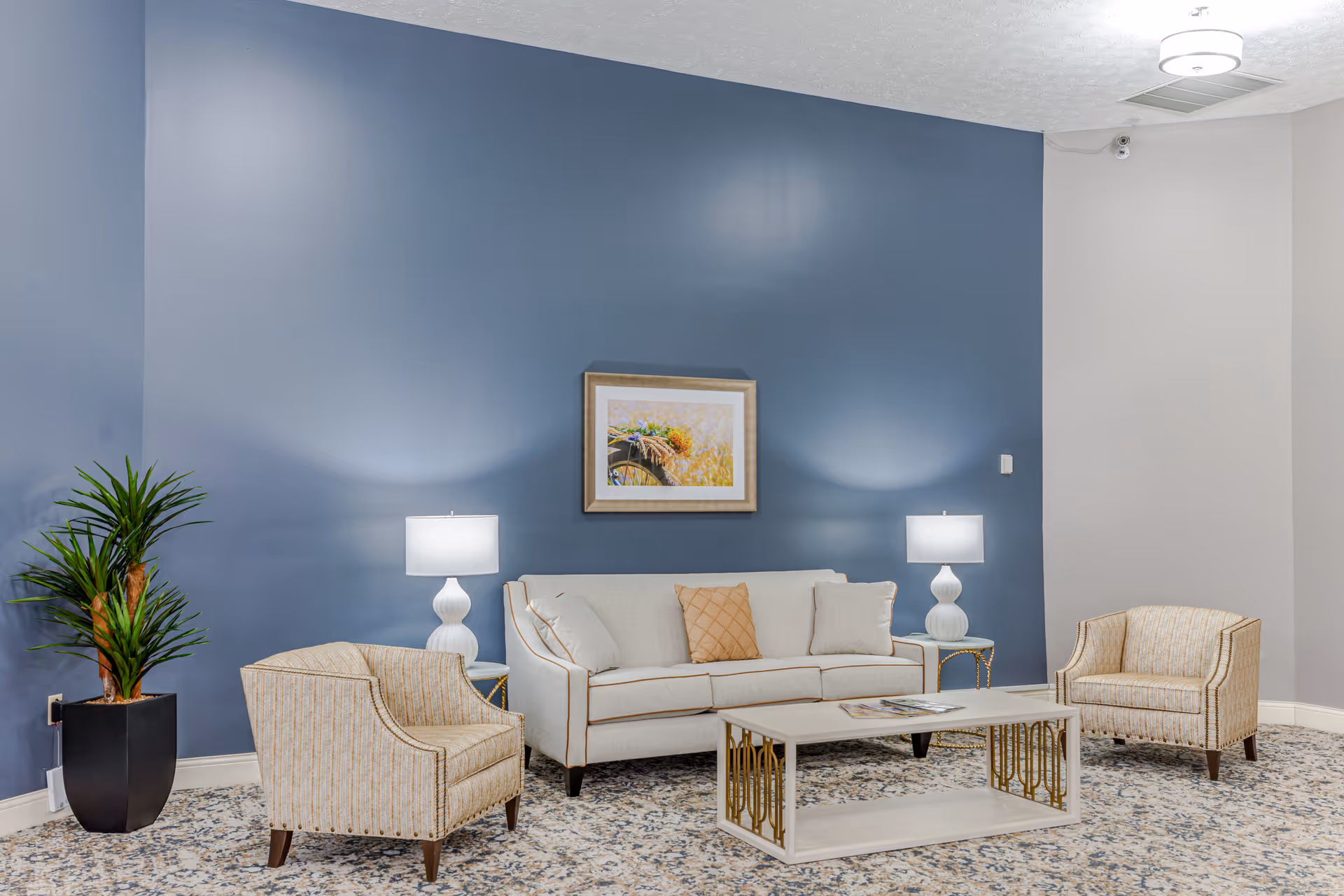 A cozy living room area with a beige sofa and two matching armchairs arranged around a white coffee table. The back wall is painted blue and features a framed picture of a bicycle with flowers. Two white table lamps sit on side tables flanking the sofa, and a potted plant is placed in the corner. The floor is covered with a patterned carpet.