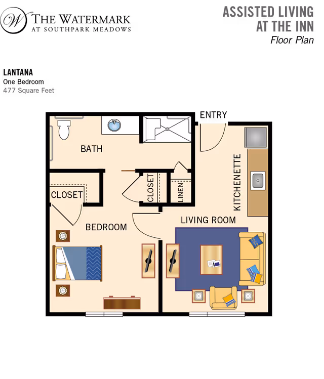 Floor plan of a 477 square feet assisted living apartment at The Watermark at Southpark Meadows, showing a bedroom with a bed and closet, a bathroom with a toilet, sink, and shower, a living room with sofa, armchair, coffee table, and TV, and a kitchenette with a sink and refrigerator.
