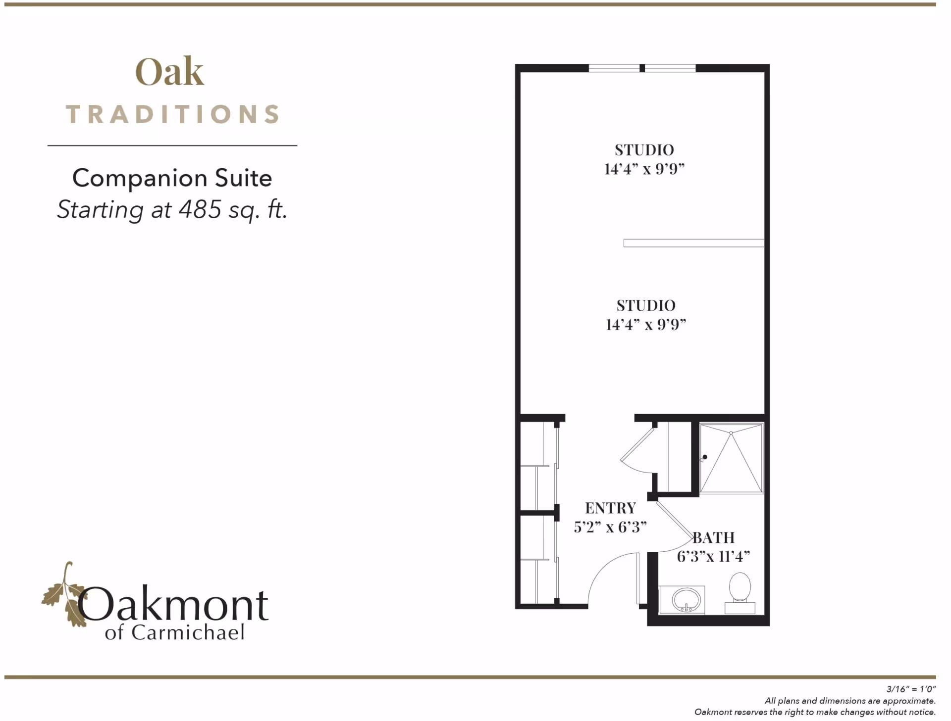 Floor plan for Oakmont of Carmichael Companion Suite showing two studio spaces, an entry, and a bathroom.
