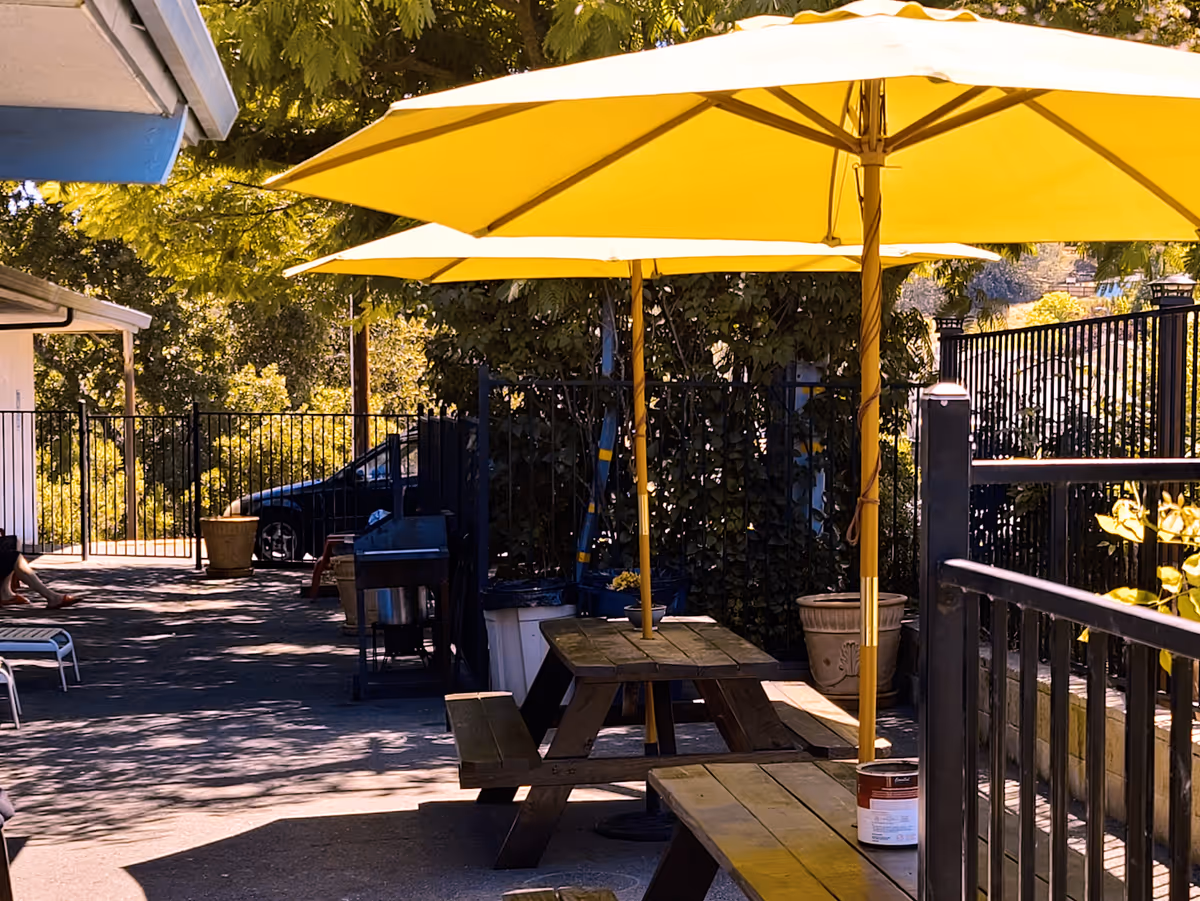Outdoor patio with yellow umbrellas shading wooden picnic tables next to a metal fence.