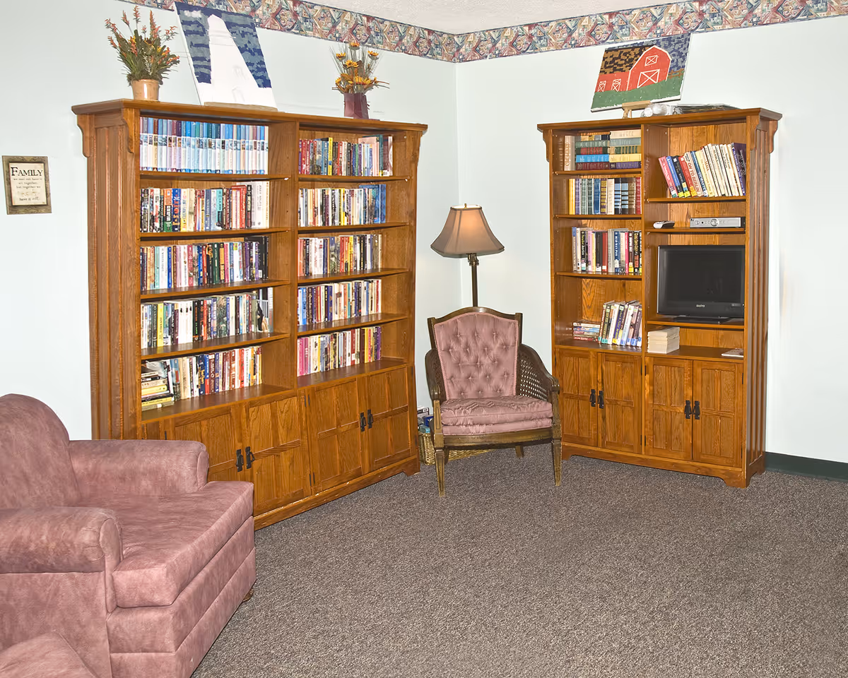 A cozy sitting area with two wooden bookcases filled with books and a small TV, a floor lamp, and pink upholstered chairs.