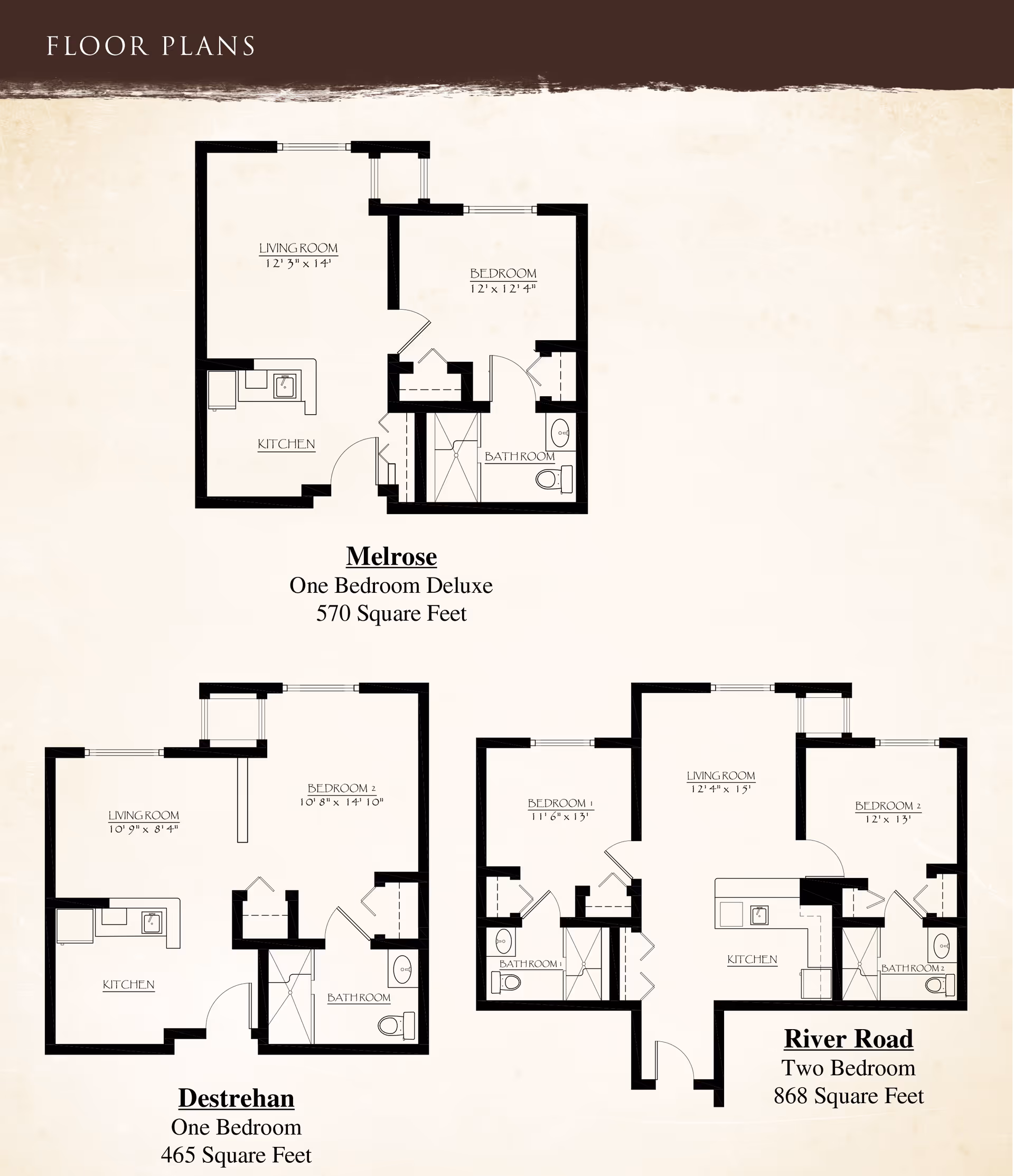 Floor plans for three apartment layouts at The Verandah Retirement Community. The Melrose is a one-bedroom deluxe with 570 square feet, featuring a living room, kitchen, bedroom, and bathroom. The Destrehan is a one-bedroom with 465 square feet, including a living room, kitchen, bedroom, and bathroom. The River Road is a two-bedroom with 868 square feet, featuring a living room, kitchen, two bedrooms, and two bathrooms.