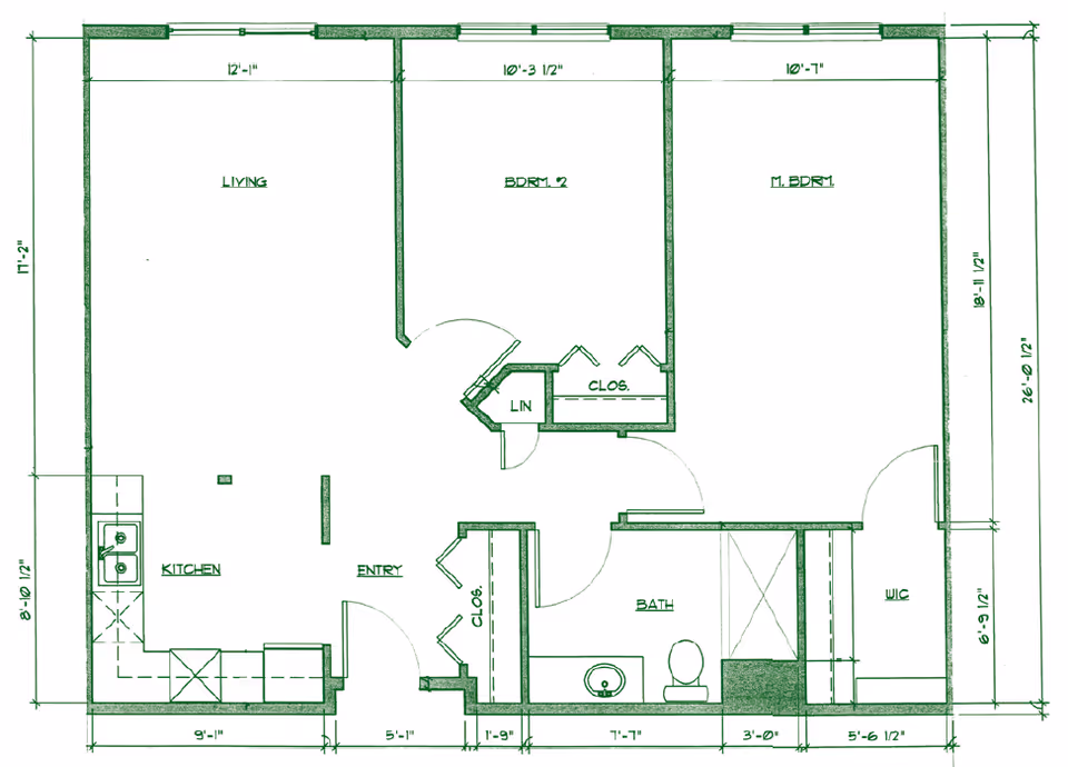 Architectural floor plan of a residential unit showing labeled rooms including living room, kitchen, entry, two bedrooms, bathroom, closets, linen closet, and walk-in closet with dimensions.