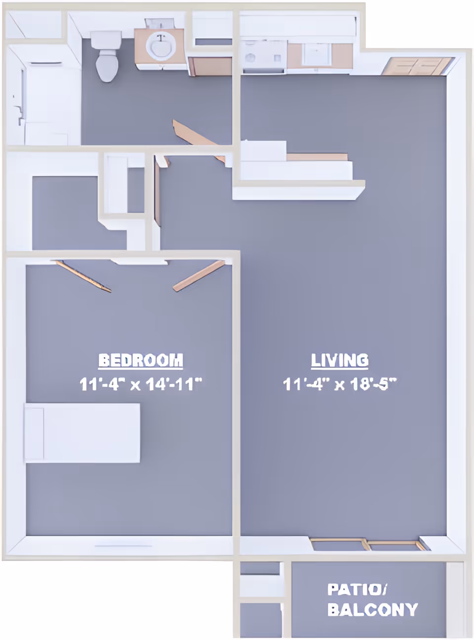 Top-down floor plan of a one-bedroom apartment showing labeled areas including a bedroom, living room, kitchen, bathroom, and a patio/balcony. The bedroom measures 11 feet 4 inches by 14 feet 11 inches, and the living room measures 11 feet 4 inches by 18 feet 5 inches.