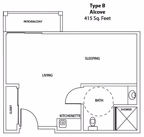 Architectural floor plan labeled Type B Alcove with 415 square feet, showing a patio/balcony, living area, sleeping area, kitchenette, closet, and a bathroom with a shower.