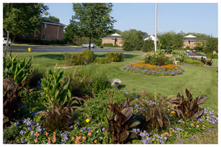 Well-maintained landscaped lawn and flower beds with trees and apartment buildings visible in the background.