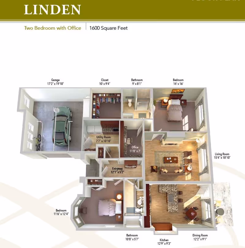 3D floor plan of the Linden model at Briarview Senior Living, showing a two-bedroom apartment with an office and 1600 square feet. The layout includes a garage, closet, two bathrooms, two bedrooms, utility room, office, entryway, living room, kitchen, and dining room with labeled dimensions.