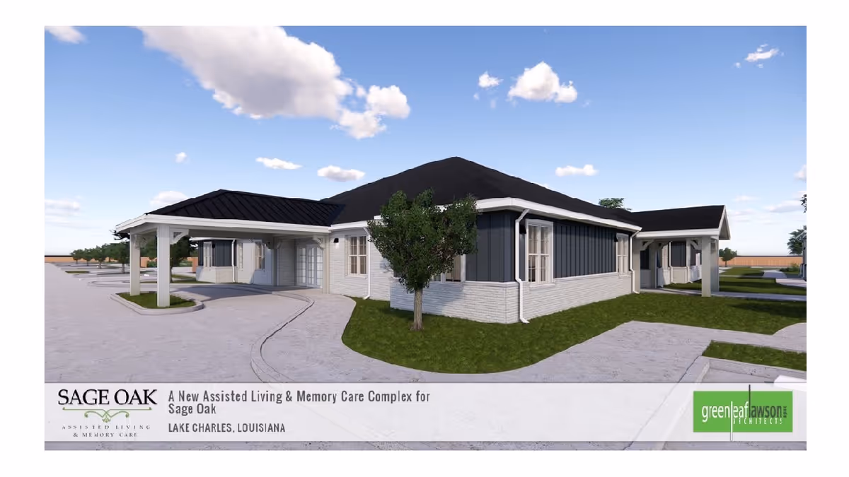 Exterior rendering of a single-story assisted living building with a covered entrance, driveway, and landscaping.