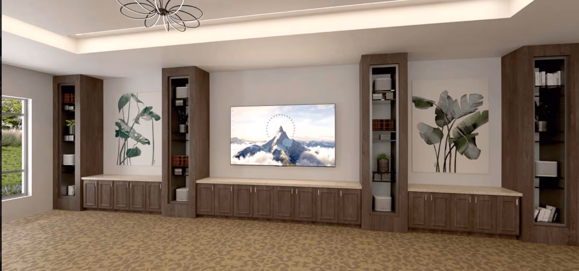 Spacious lounge interior with a wall-mounted TV centered between built-in wooden cabinets and tall shelving flanked by botanical artwork.