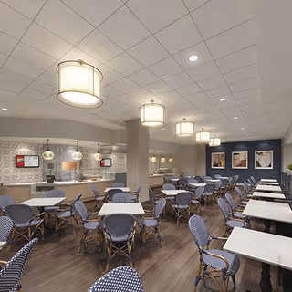 A spacious dining room with multiple tables and blue woven chairs arranged neatly. The room features modern pendant lights hanging from a white tiled ceiling, a serving counter with coffee machines and lamps, and framed artwork on a dark blue accent wall.