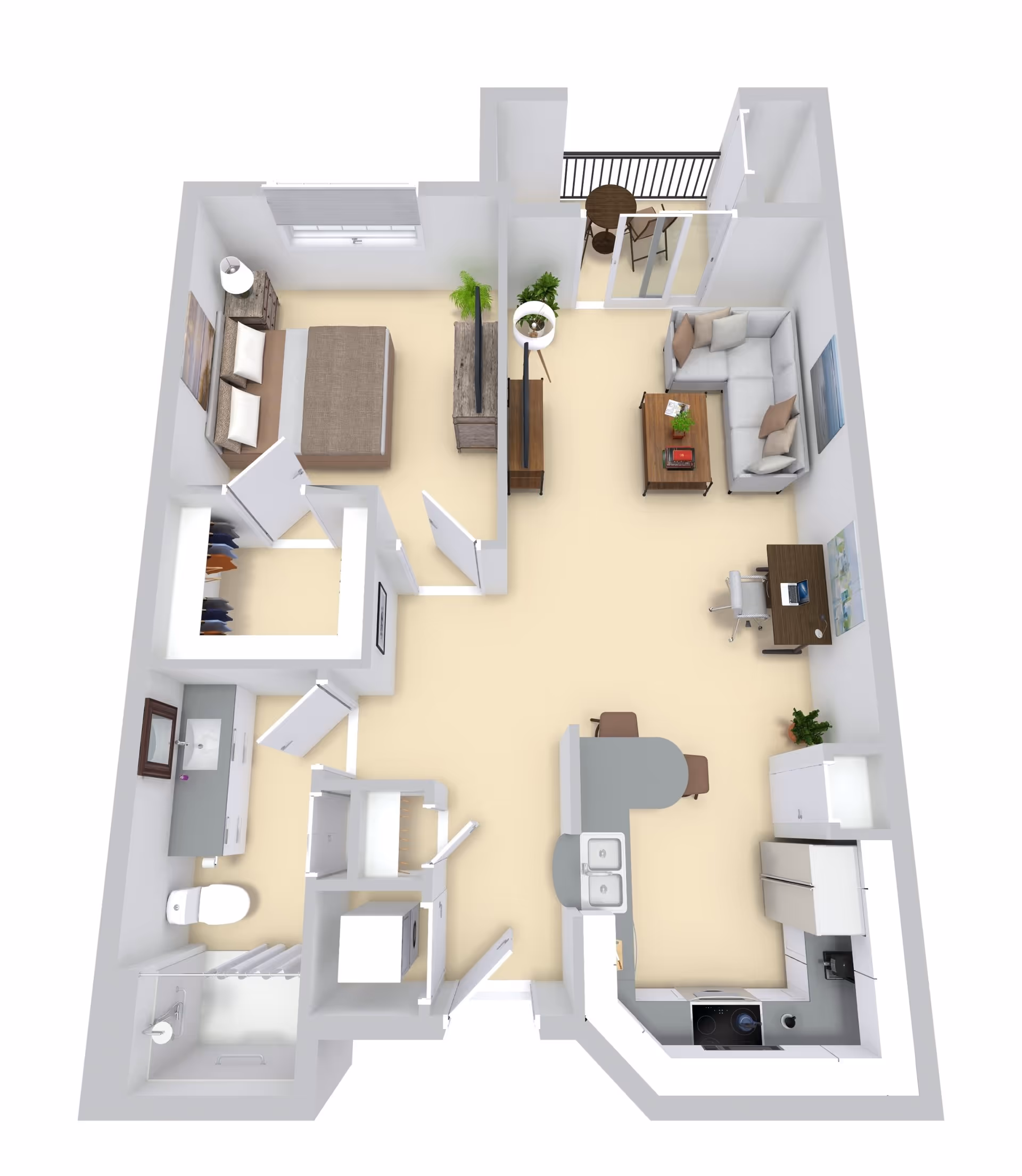 3D floor plan of a one-bedroom apartment featuring a bedroom with a bed and nightstand, a bathroom with a shower, toilet, and sink, a kitchen with appliances and a breakfast bar, a living room with a sofa, coffee table, TV, and desk, and a small balcony with a table and two chairs.