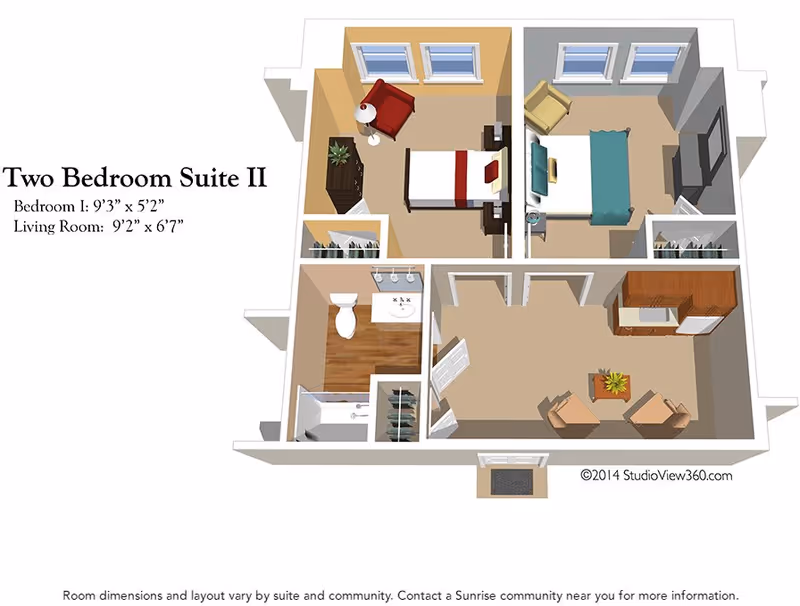 3D floor plan of a two-bedroom suite showing two bedrooms, a bathroom with a toilet and shower, and a living room with seating and a kitchenette area.