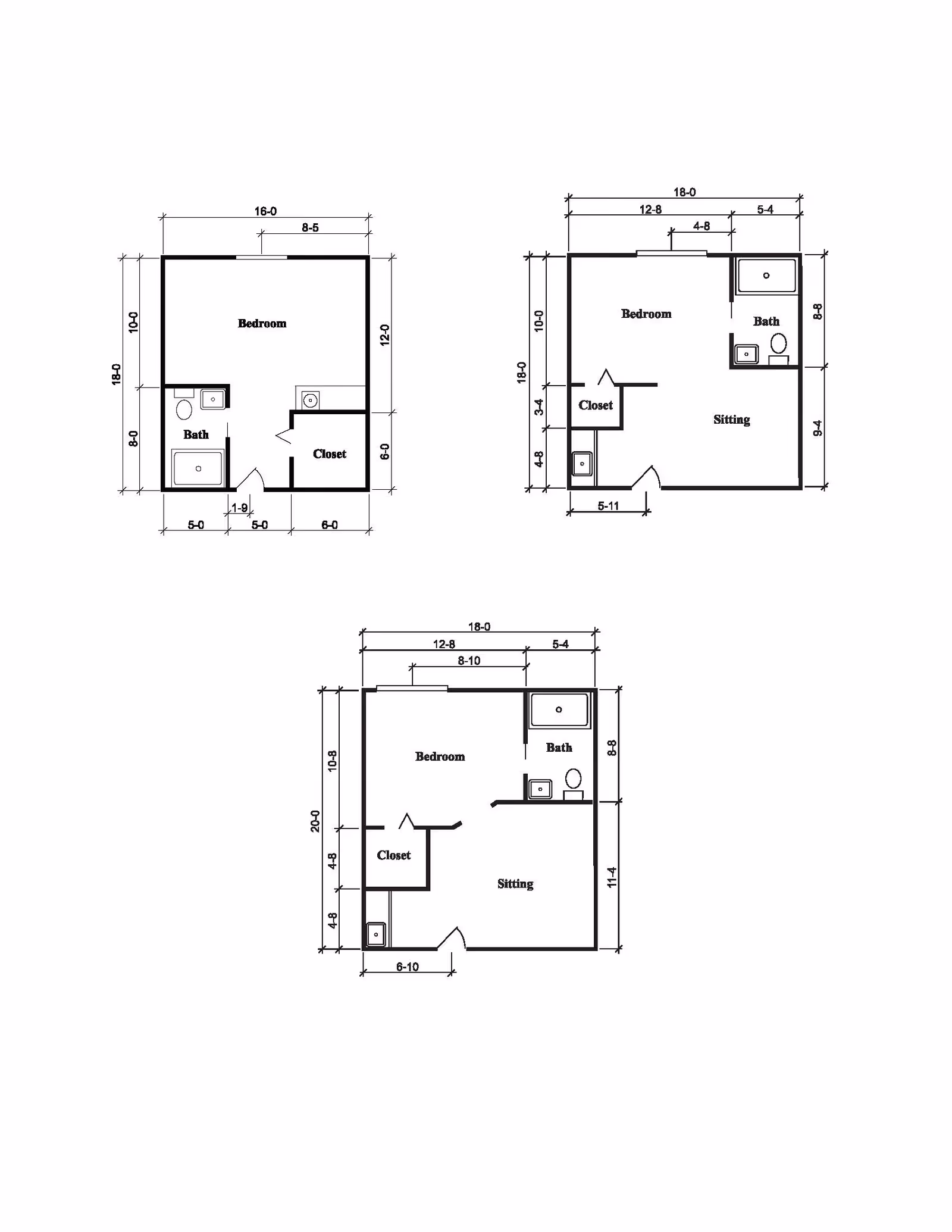 Architectural floor plans showing three different layouts of a senior living facility unit at Brookdale Broken Arrow. Each layout includes a bedroom, bathroom, closet, and sitting area with dimensions marked in feet and inches.