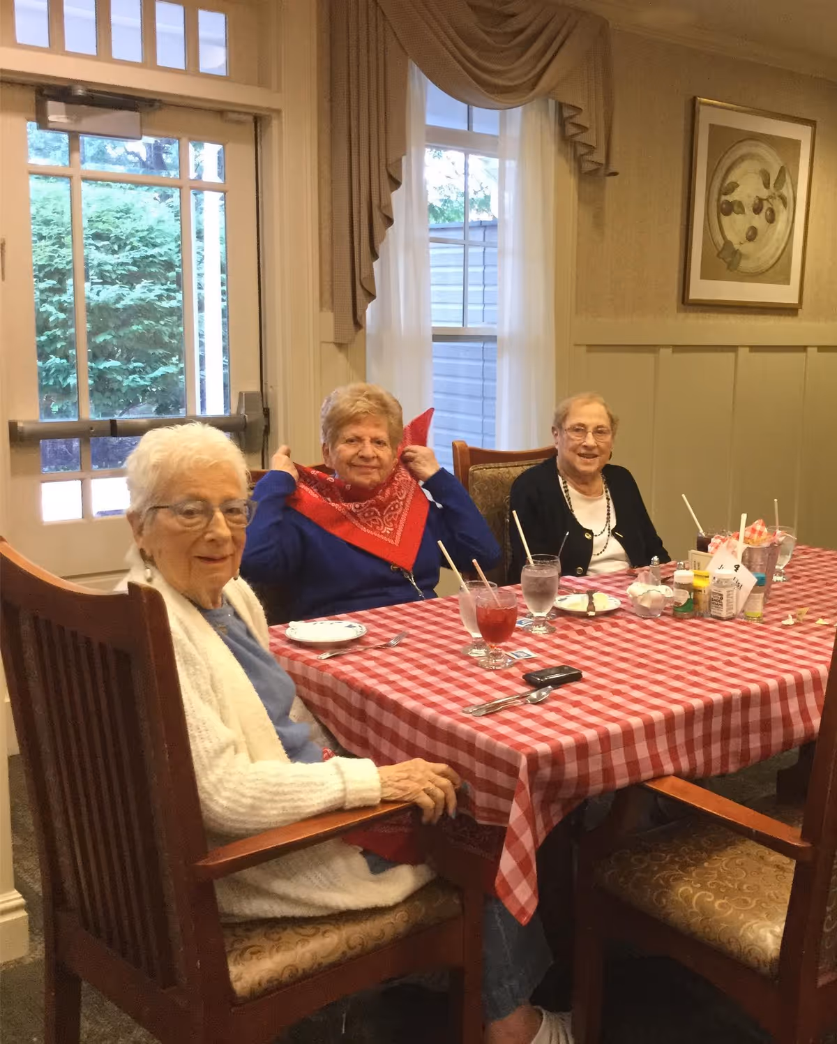 Three elderly women sitting around a table with a red and white checkered tablecloth in a dining area. The table has glasses with drinks, plates, and condiments. Behind them is a window with curtains and a door leading outside. A framed picture hangs on the wall.
