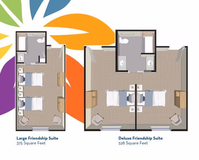 Floor plans for two types of Friendship Suites at YOURLife of Tallahassee. The Large Friendship Suite is 375 square feet with two beds, two chairs, two dressers, and a bathroom with a toilet and sink. The Deluxe Friendship Suite is 528 square feet with two beds, two chairs, two dressers, and a bathroom with two sinks and a toilet.