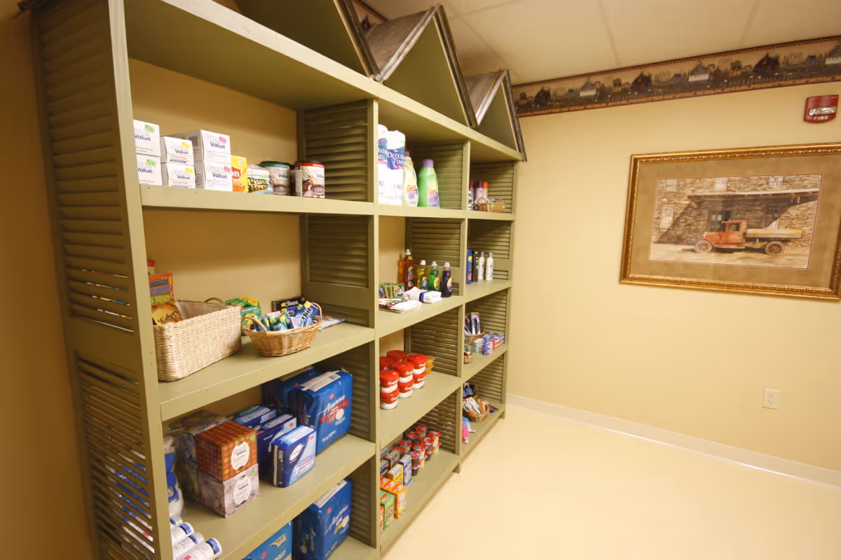 Green shelving filled with groceries, toiletries and household supplies in a beige interior room with framed artwork on the wall.