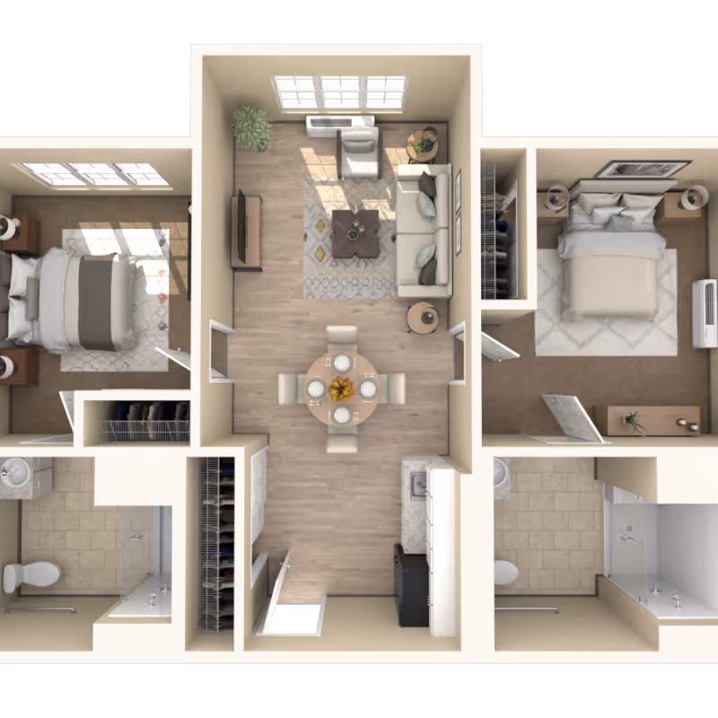 Top-down view of a senior living apartment floor plan featuring two bedrooms, two bathrooms, a living room with sofa and armchair, a dining area with a round table set for four, and a kitchen with appliances and countertops.