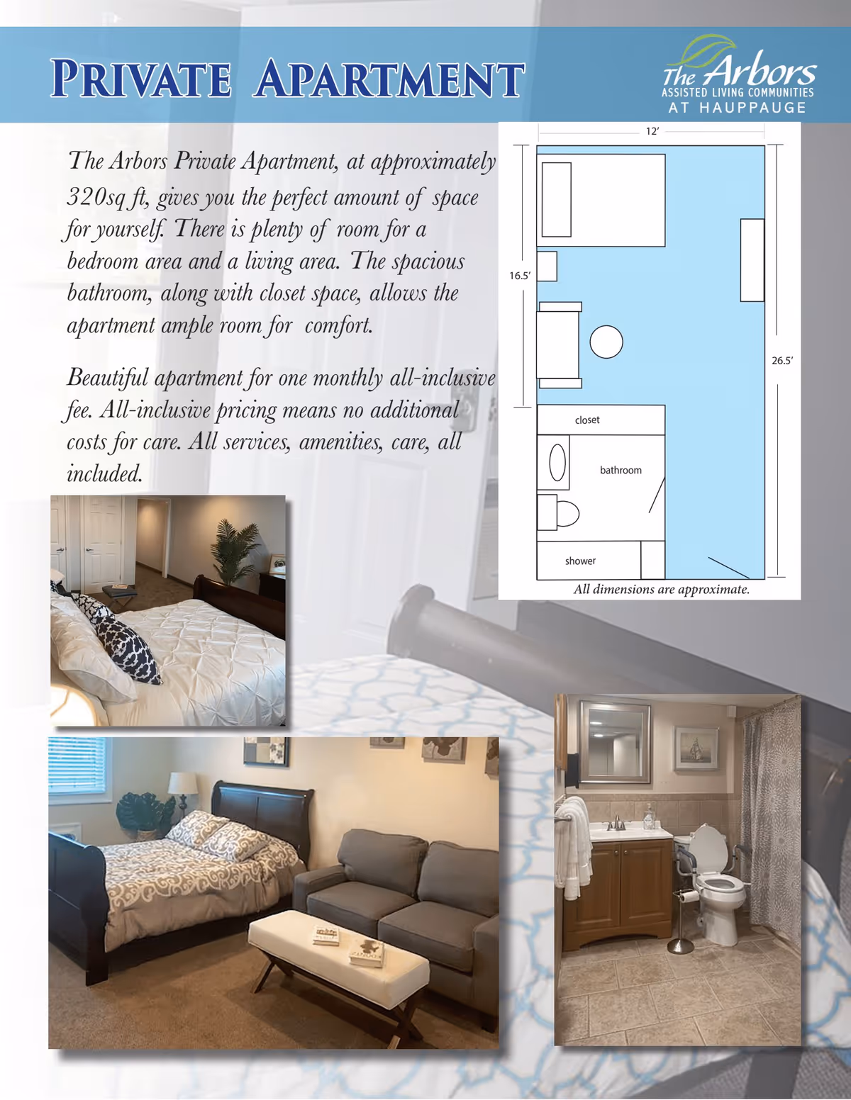 Layout and photos of a private apartment at The Arbors Assisted Living in Hauppauge. The layout shows a bedroom area with a bed and chair, a closet, and a bathroom with a shower. Photos include a bedroom with a bed and pillows, a living area with a couch and ottoman, and a bathroom with a sink, toilet, and shower with a curtain.