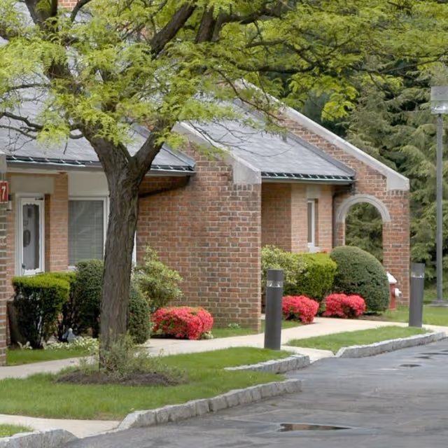 Exterior view of a brick building with a sidewalk, green grass, bushes, and blooming pink flowers. A tree with green leaves is in the foreground, and there are lamp posts along the walkway.