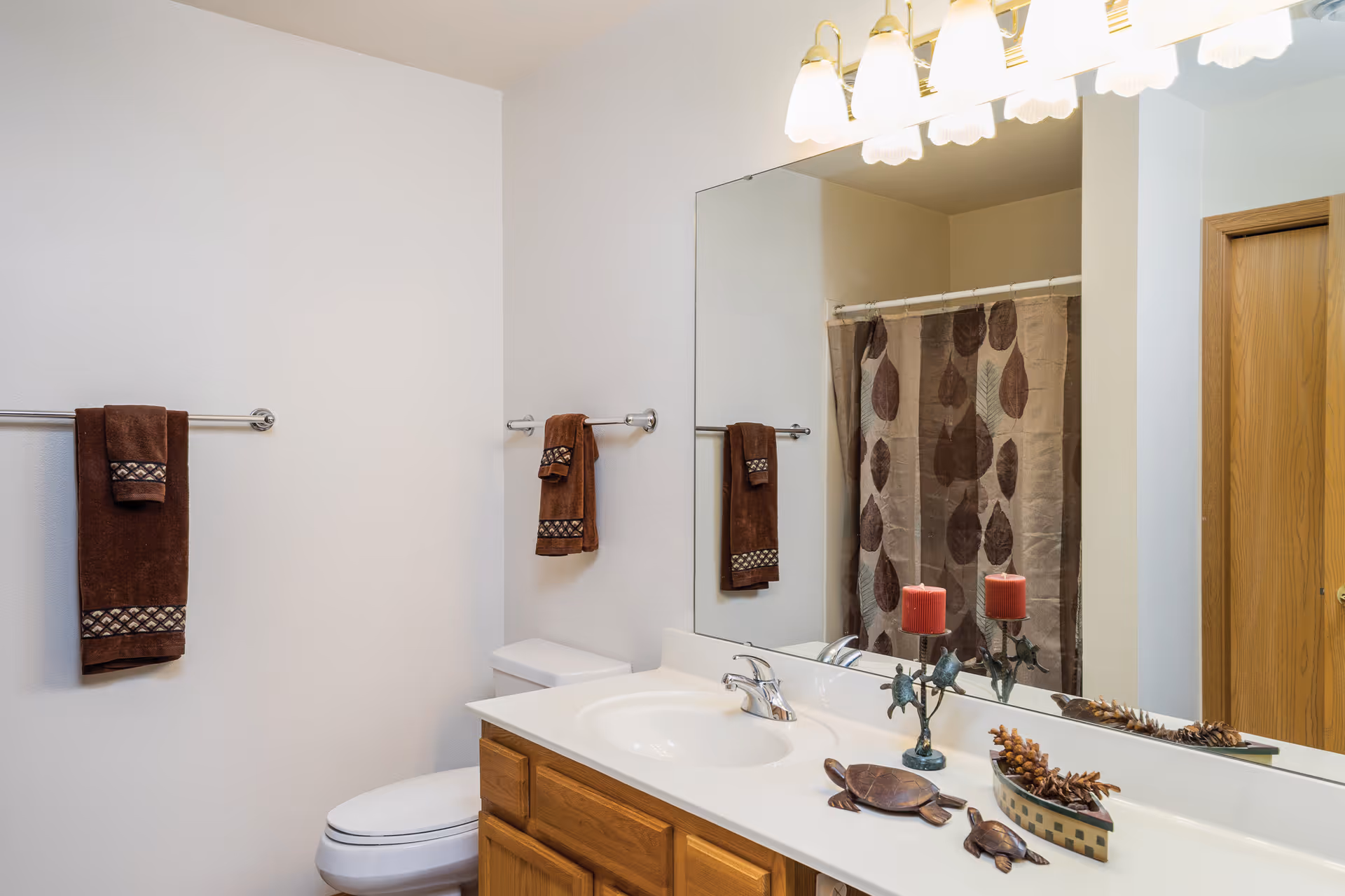 A bathroom with a white countertop and wooden cabinets, a sink with a silver faucet, a large mirror above the sink, two brown towels hanging on silver towel racks, a toilet, and a shower with a curtain featuring a leaf pattern. Decorative items including two red candles and wooden turtle figurines are placed on the countertop.