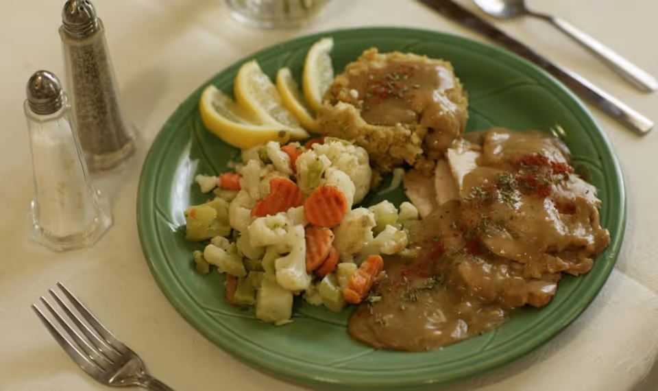 A green plate with a serving of turkey with brown gravy, mashed potatoes with gravy, steamed mixed vegetables including cauliflower, carrots, and celery, and lemon wedges. The plate is on a cream-colored tablecloth with a fork, knife, and salt and pepper shakers nearby.