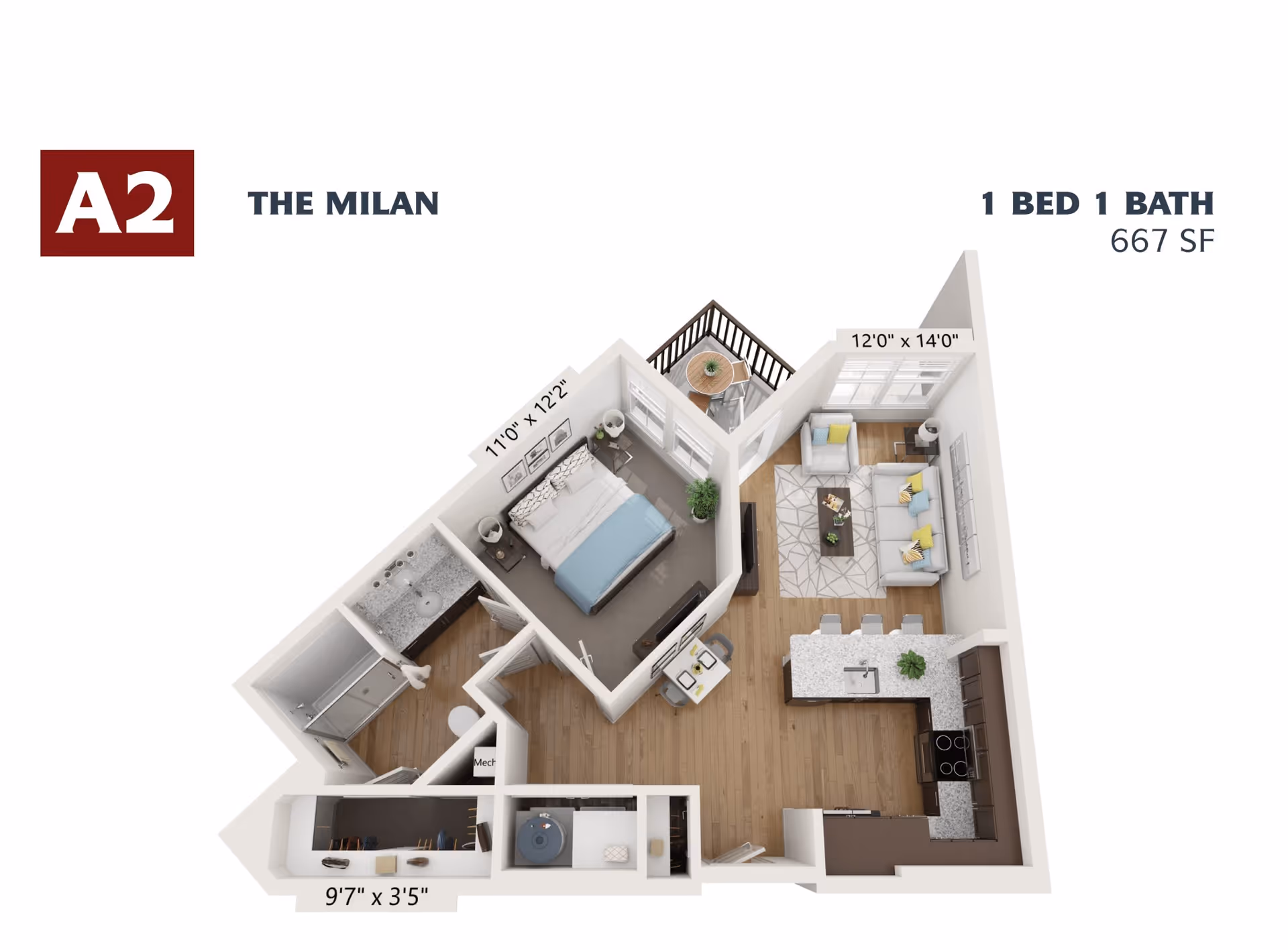 3D floor plan of a one-bedroom, one-bath apartment named The Milan, featuring a bedroom, bathroom, kitchen with an island and bar stools, living room with sofa and chairs, small dining area, and a balcony. The total area is 667 square feet.