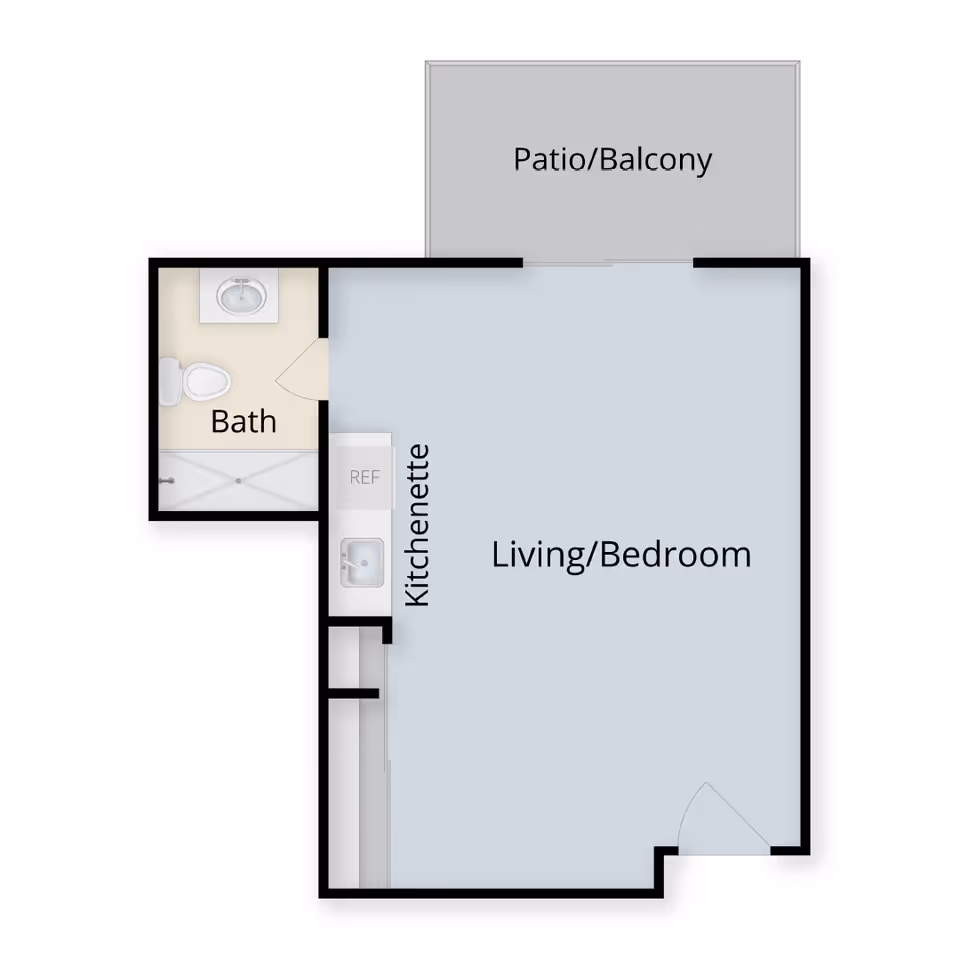 Floor plan of a studio apartment showing a combined Living/Bedroom with a kitchenette, bathroom, and a patio/balcony.
