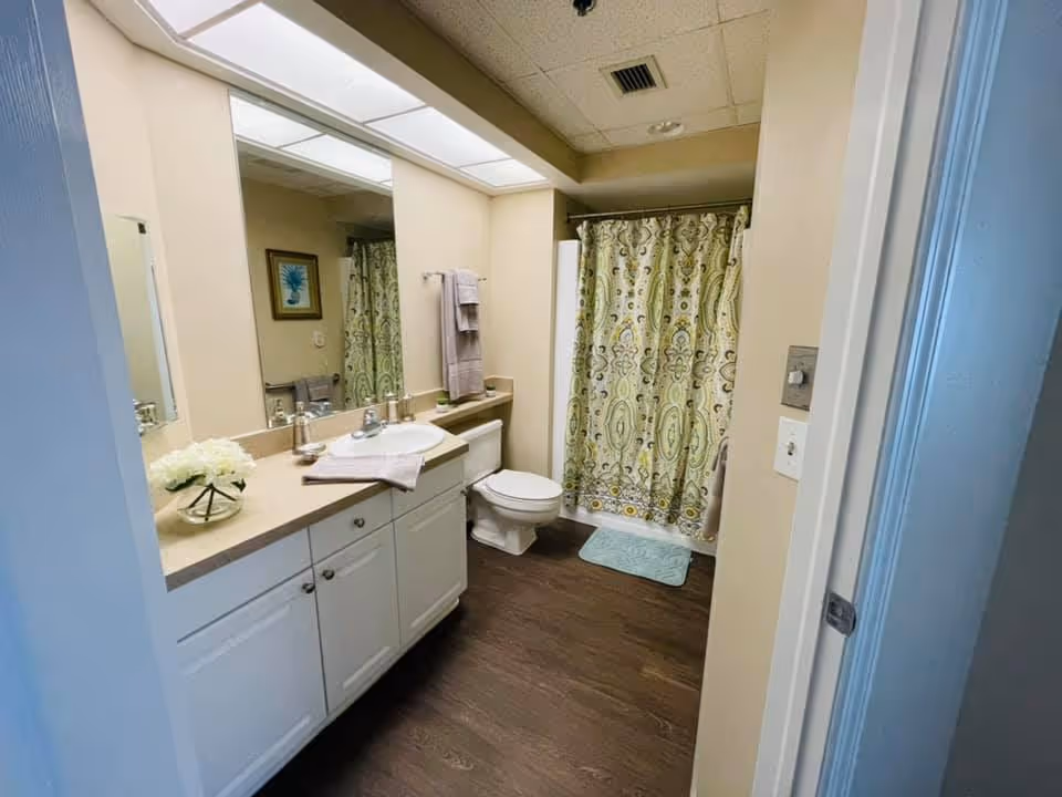 Bright bathroom with a long vanity and sink, toilet, and a patterned shower curtain reflected in a large mirror.